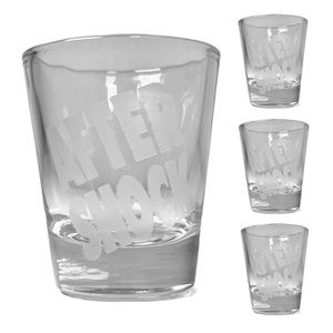Vintage After Shock Shot Glasses, Set of Four 4 Round Clear Glass Frosted Logo
